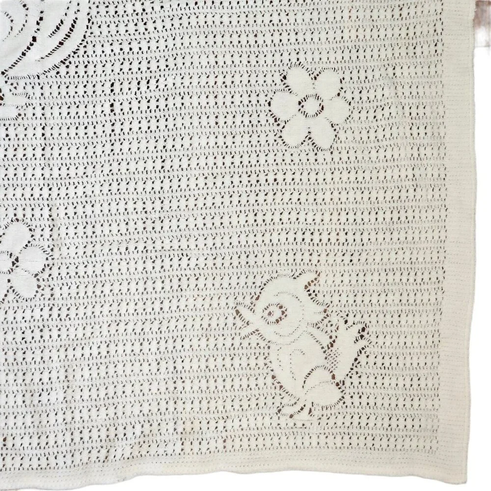 Vintage White Knit Baby Blanket Bird Flowers Open Knit‎ Yellow Bird 32 X 35
